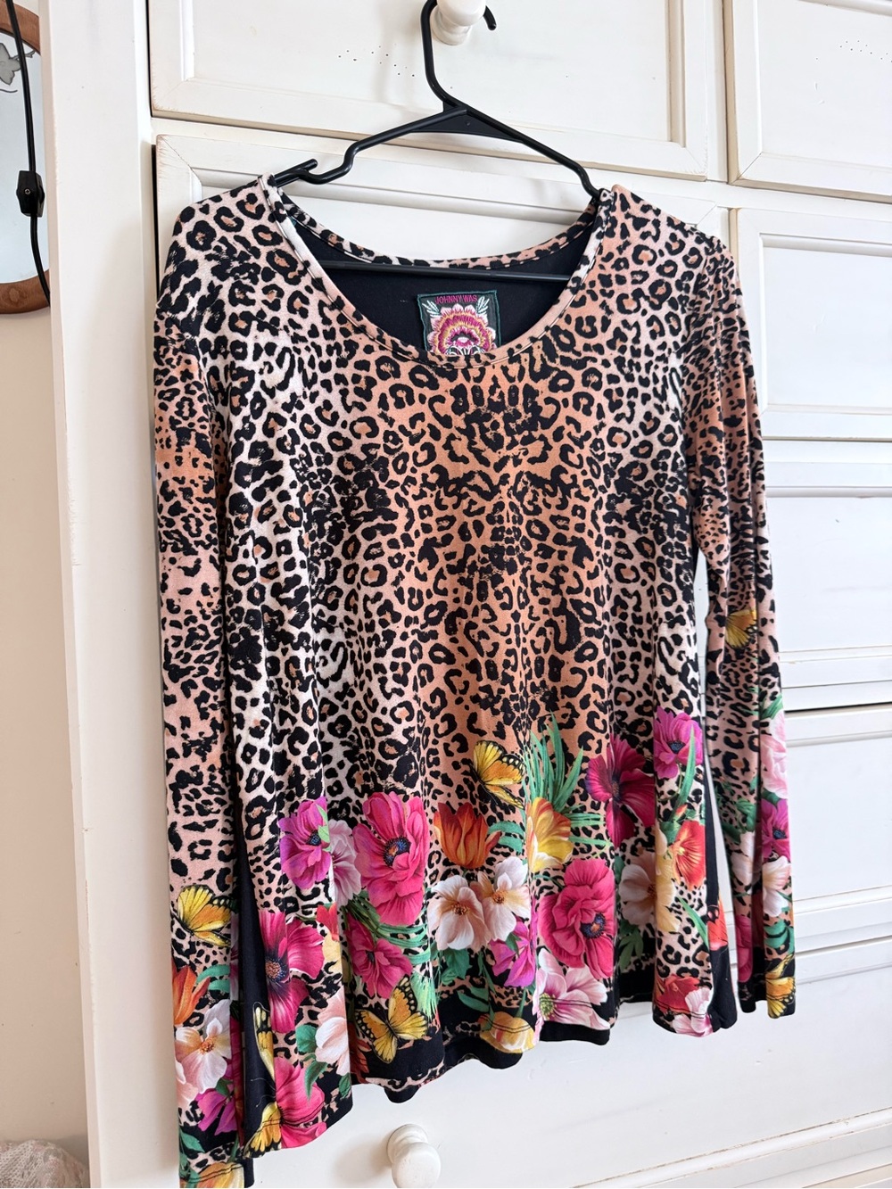 Johnny Was Pink Leopard Print Long-Sleeve Top with Floral Hem